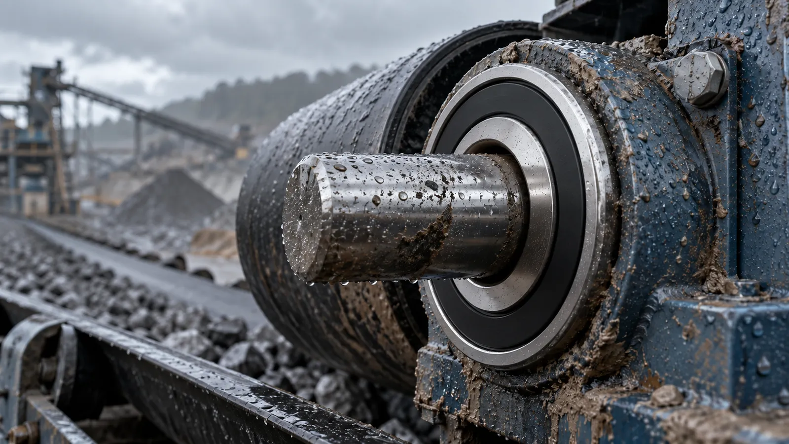 Sealed bearing on a wet, muddy conveyor pulley at a quarry