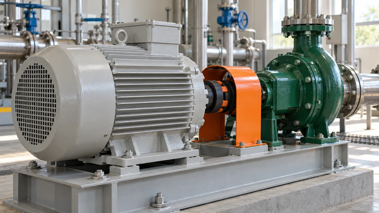 Grey TEFC electric motor coupled to a green centrifugal pump in a water pump room