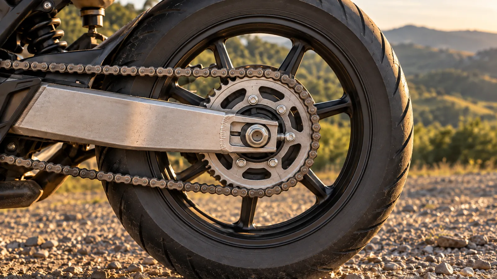 Motorcycle rear wheel hub with sprocket, drive chain and swingarm