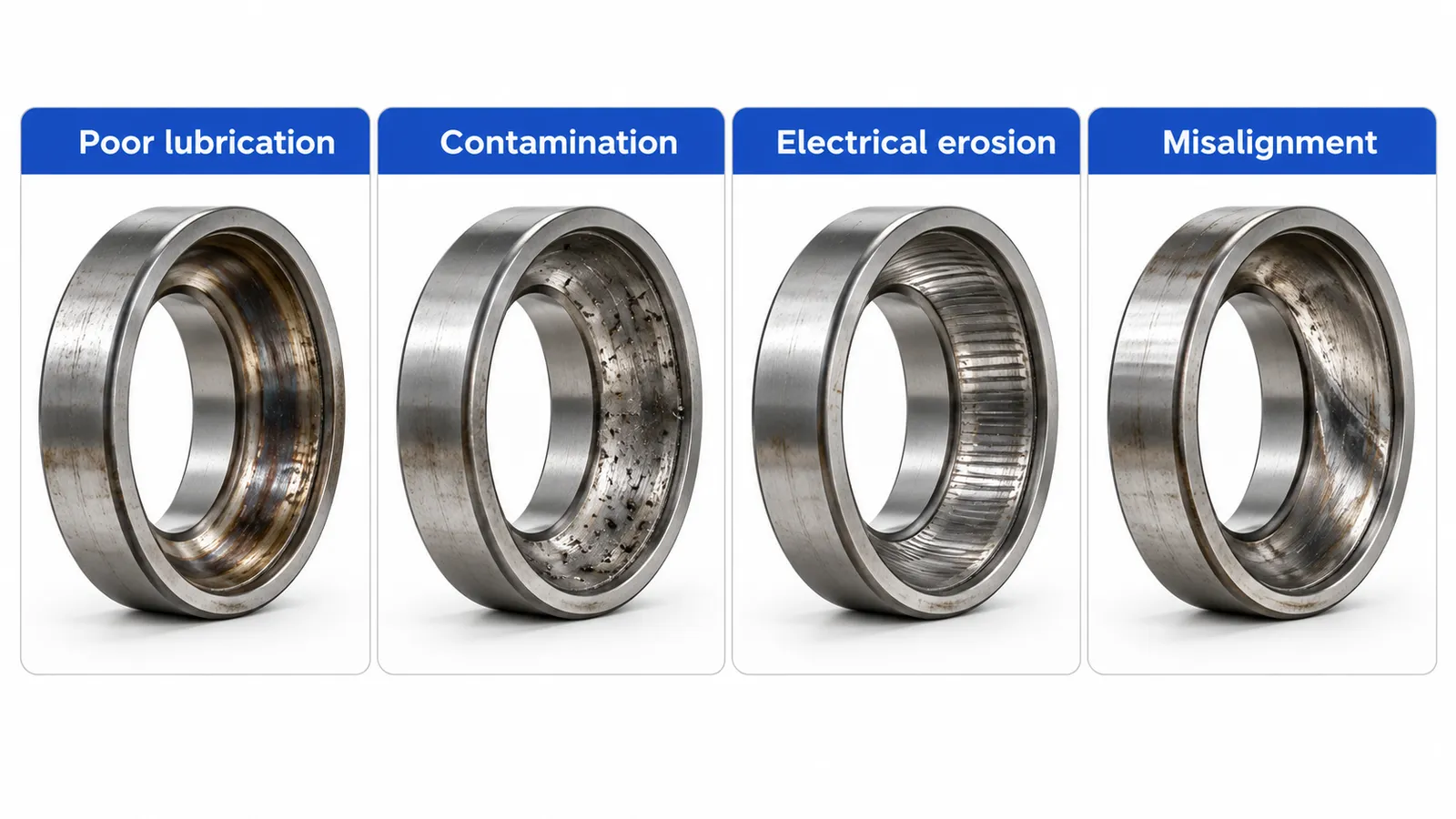 Four motor bearing failure causes: poor lubrication, contamination, electrical erosion, misalignment