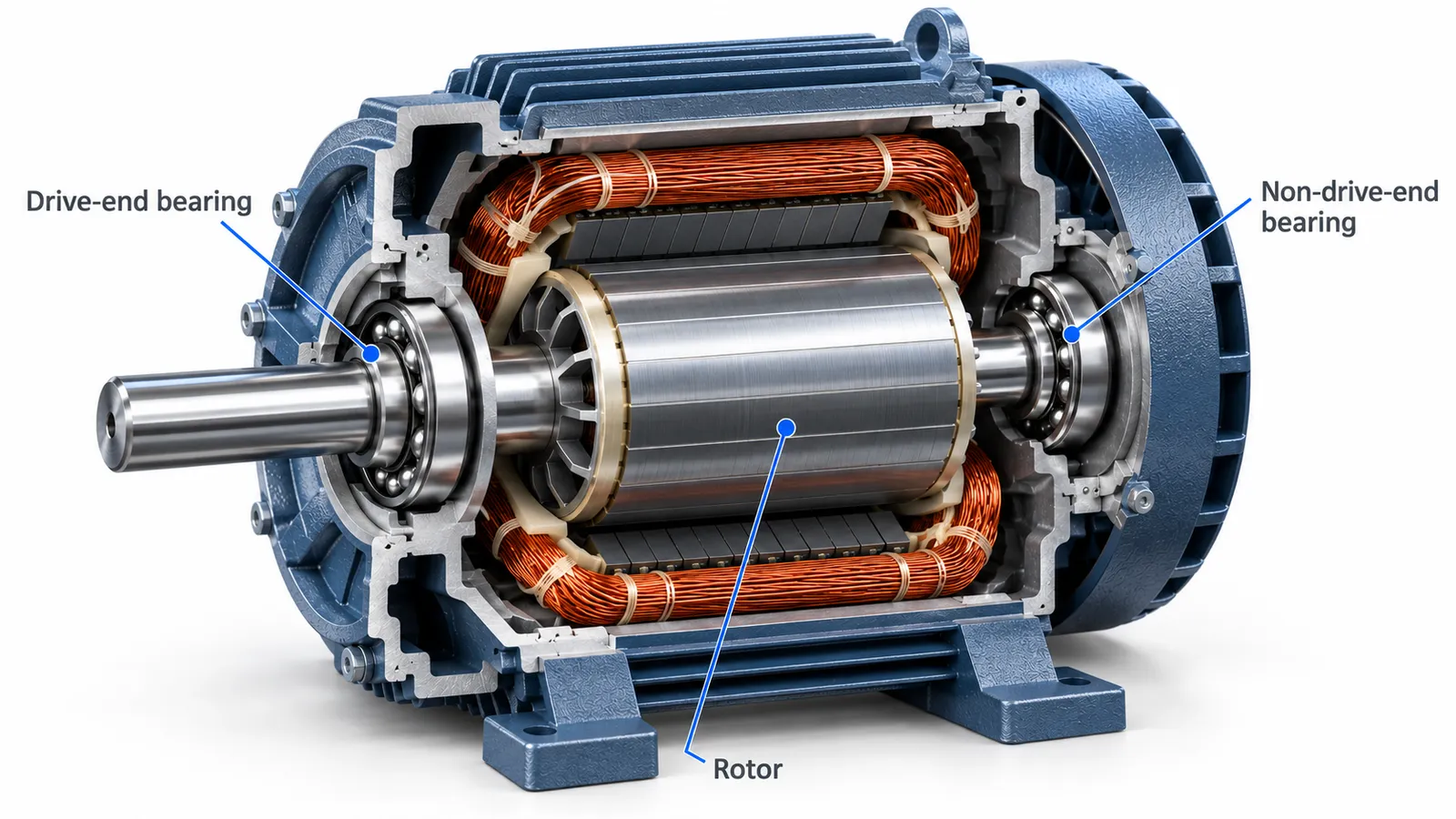 Cutaway electric motor showing drive-end bearing, non-drive-end bearing and rotor