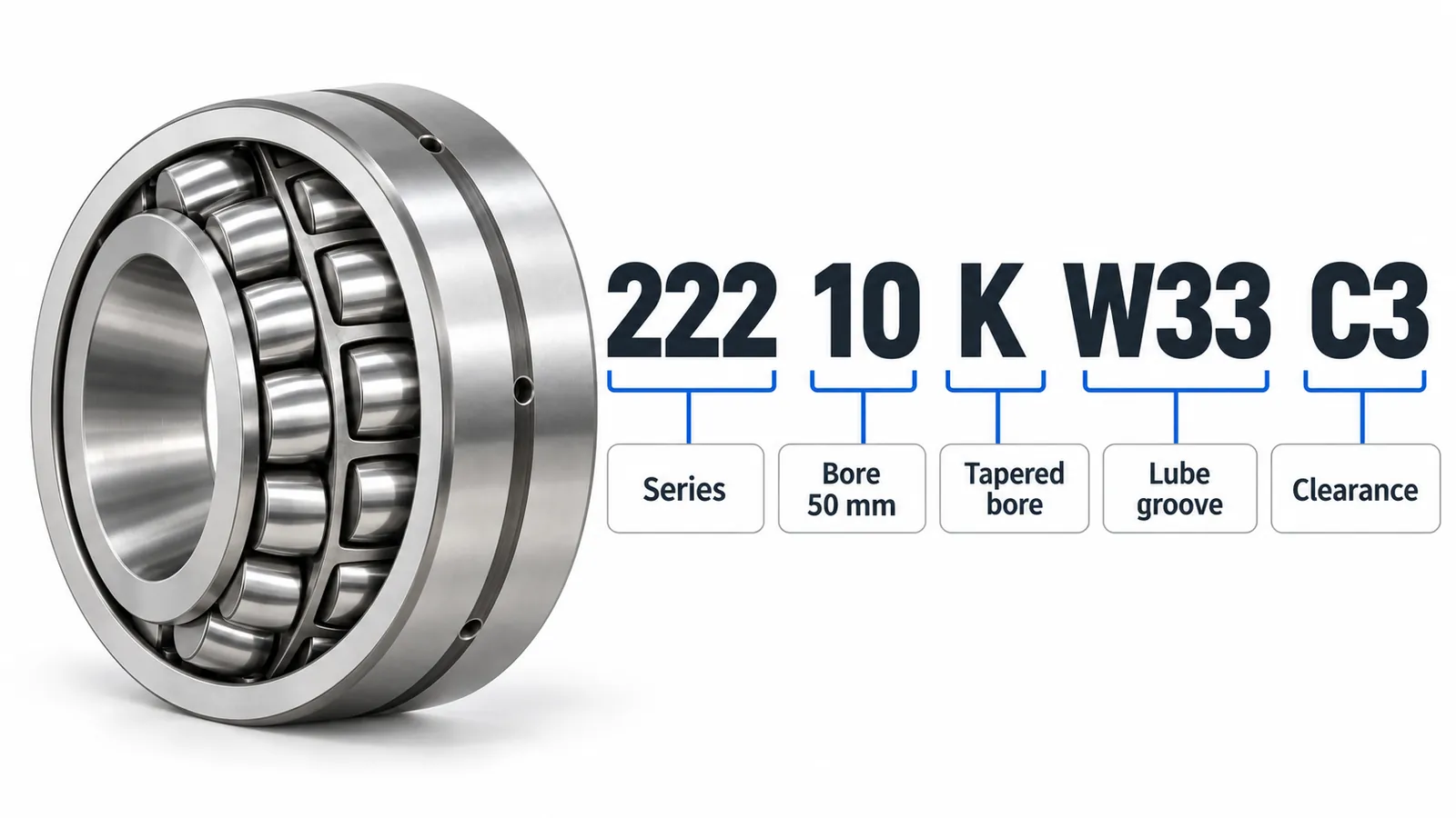 Spherical roller bearing designation 22210 K W33 C3 broken down into series, bore, tapered bore, lube groove and clearance