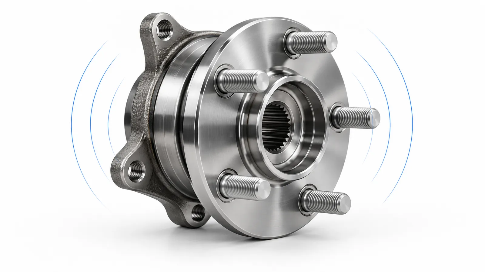Automotive wheel hub bearing unit with flange and wheel studs, faint blue sound-wave arcs radiating around it
