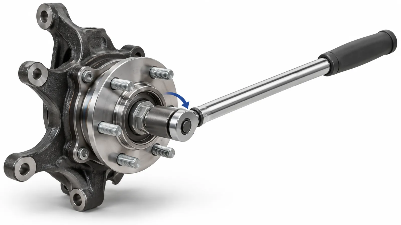 Torque wrench and socket tightening the axle nut on a wheel hub assembly mounted to a steering knuckle