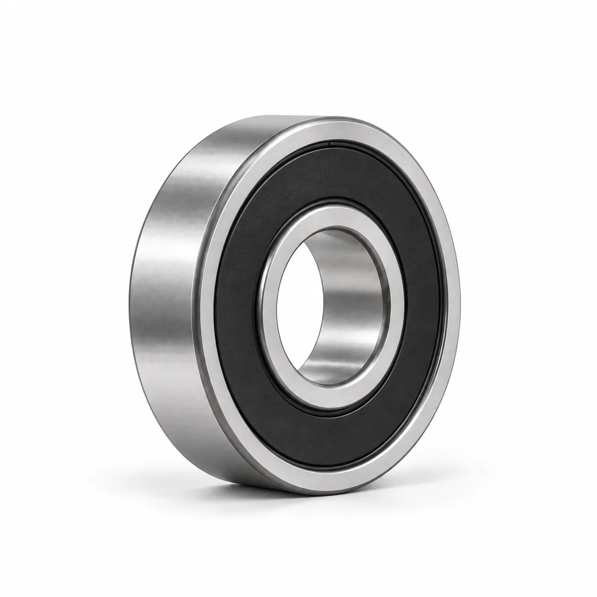 Deep groove ball bearing with 2RS rubber seals on white background
