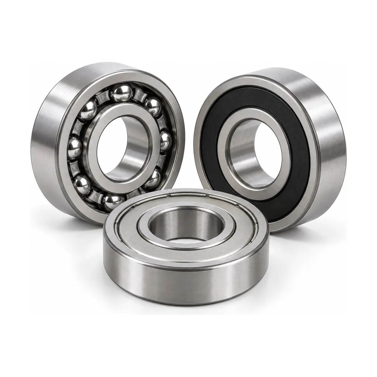 Open, ZZ shielded and 2RS sealed deep groove ball bearings side by side