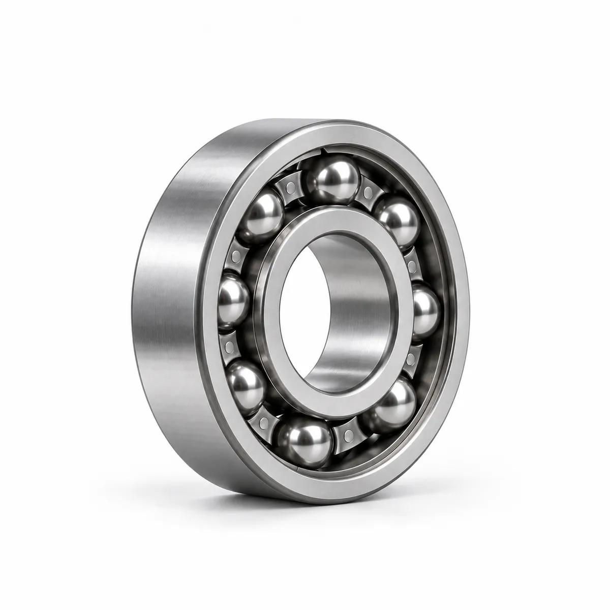 Open deep groove ball bearing with steel cage on white background