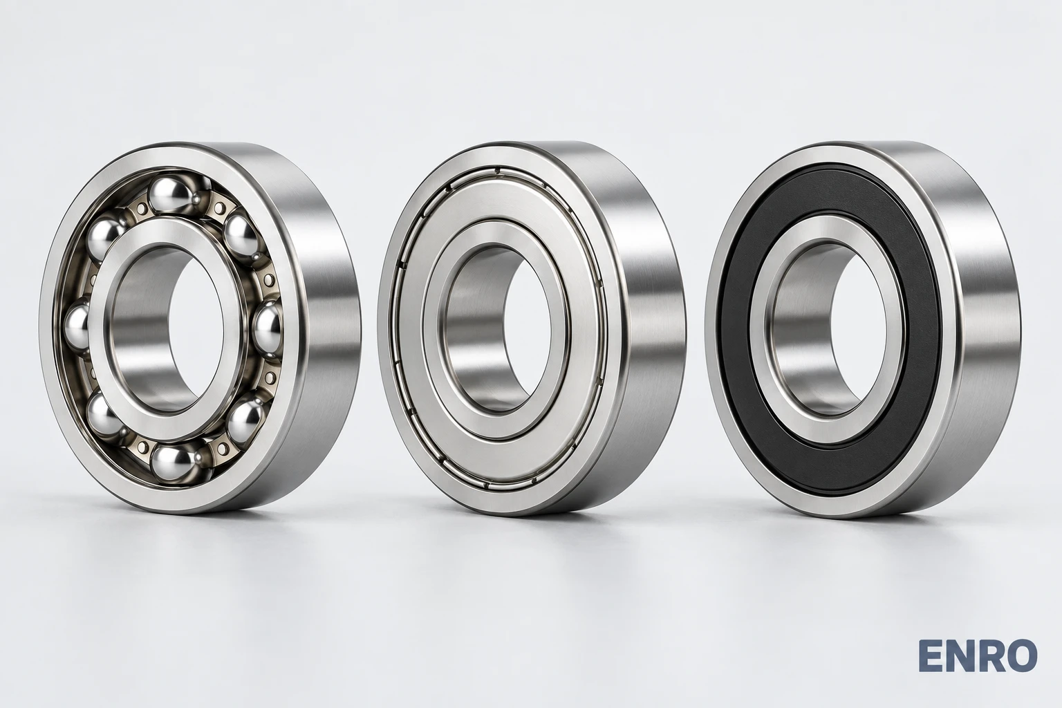 ENRO watermarked illustration of open, ZZ shielded and 2RS sealed deep groove ball bearings