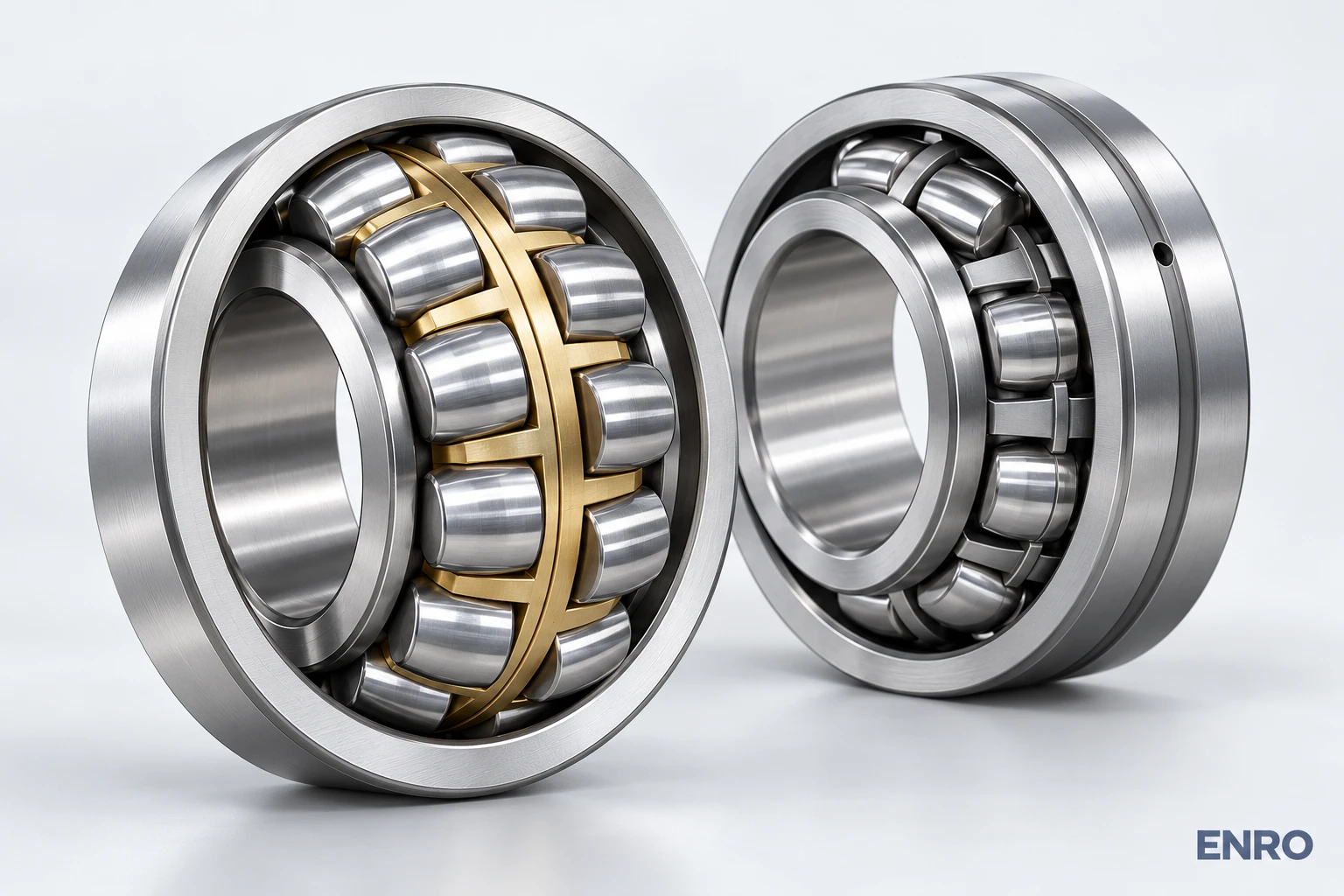 ENRO watermarked illustration of spherical roller bearings with steel and brass cages