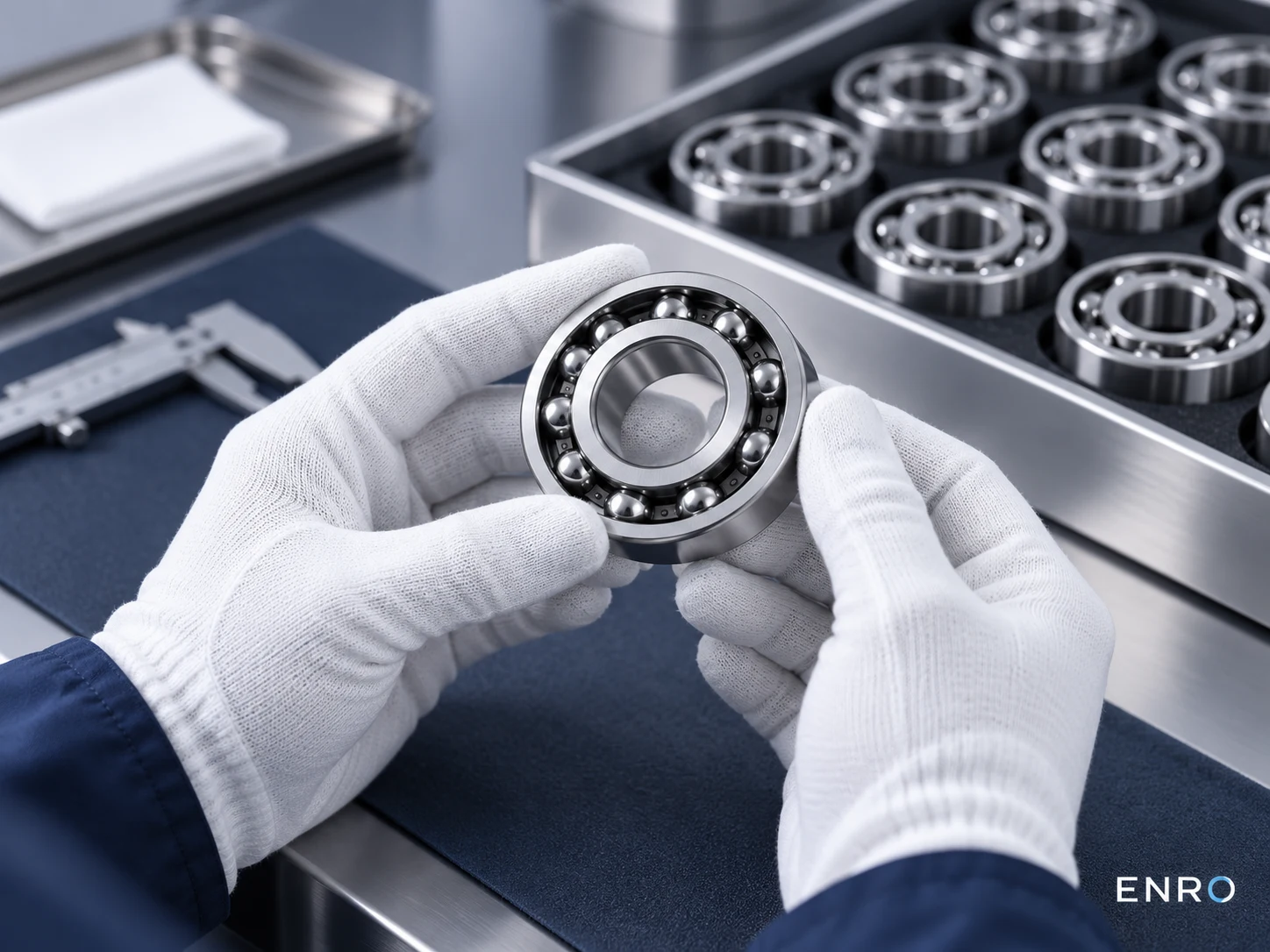 AI illustration of gloved hands inspecting a ball bearing before dispatch