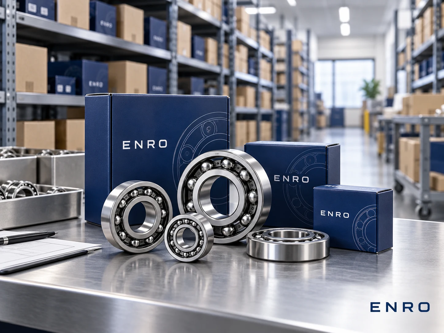 AI illustration of bearing shelves and a dispatch bench with ENRO boxes