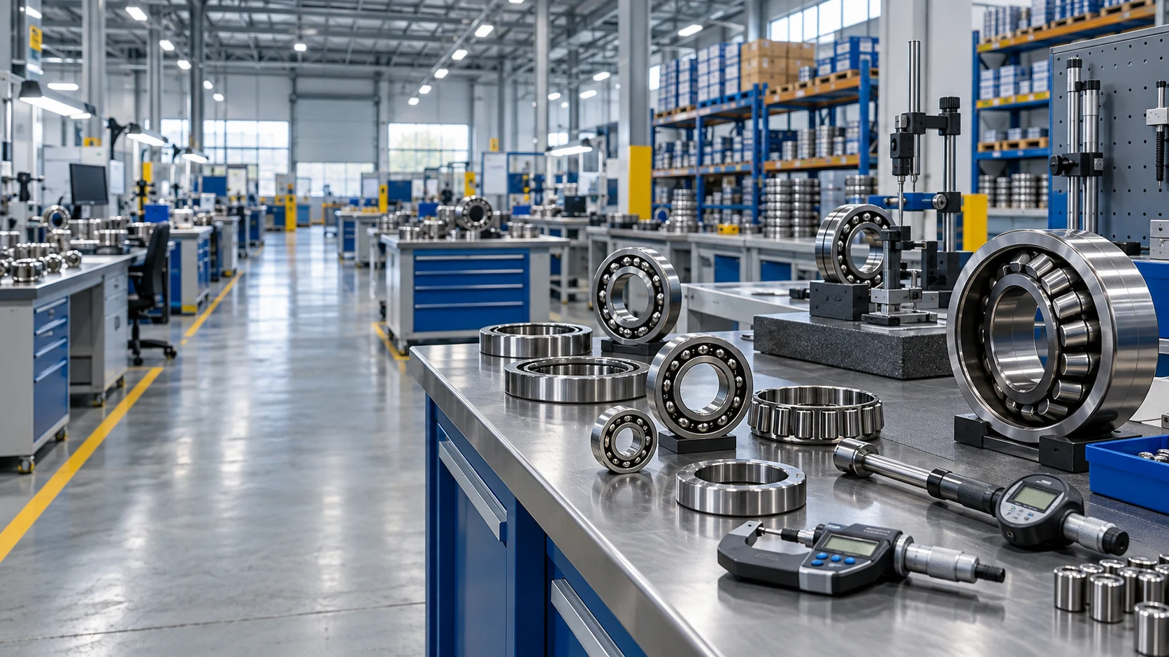 Illustrative bearing inspection workshop with rolling bearings and measuring instruments