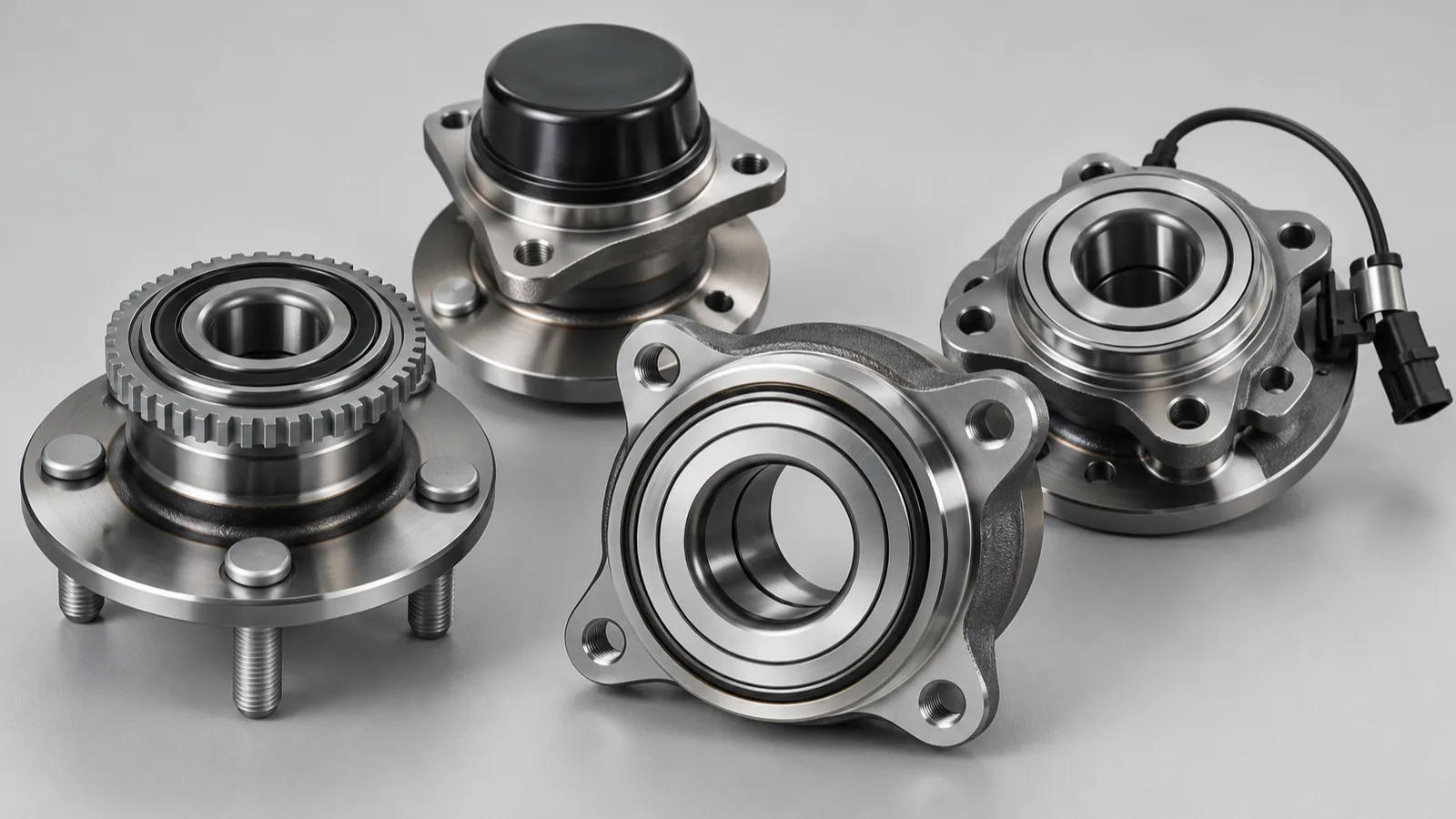 Four wheel hub bearing assemblies on a plain gray background, showing flange bolt holes, bearing races and one unit with an ABS sensor cable