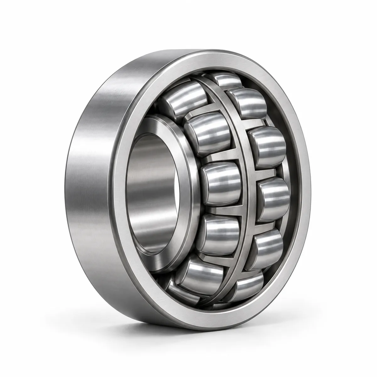 Spherical roller bearing with cylindrical bore and steel cage on white background